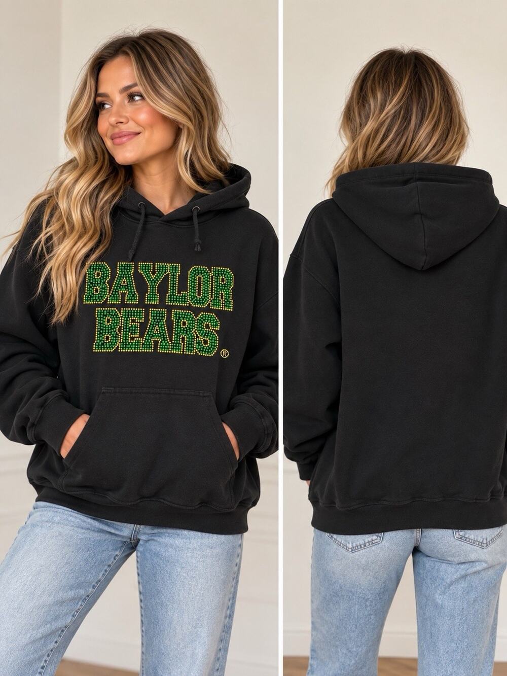 Baylor Bears Women’s Black Rhinestone Bling Hoodie Sweatshirt Green Gold NCAA